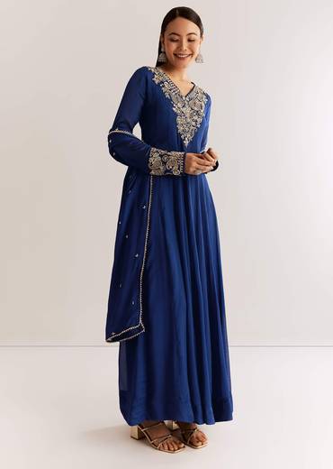 Navy Blue Chinon Anarkali Set With Cutdana Moti And Gotta Lace Dupatta