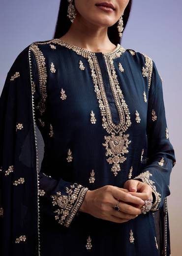 Navy Blue Chinon Sharara Suit With Cut Dana And Sequins Work