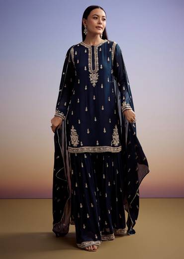Navy Blue Chinon Sharara Suit With Cut Dana And Sequins Work