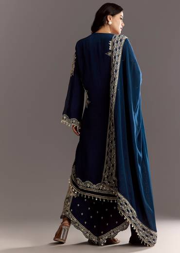 Navy Blue Crepe Moti Work Kurta With Printed Palazzo Dupatta