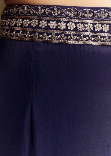 Navy Blue Crop Top Set With Silver Zardozi Cape