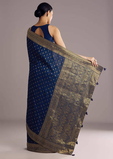 Navy Blue Dola Silk Saree With Butti Work And Zari Woven Border