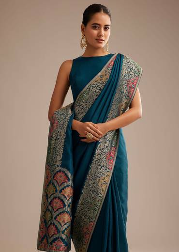 Navy Blue Dola Silk Saree With Zari Embroidery