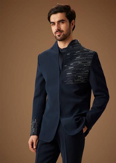 Navy Blue Embroidered Tuxedo Set