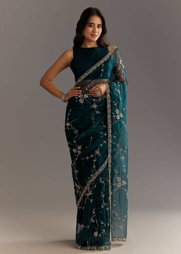 Navy Blue Floral Jaal Embroidered Tissue Saree With Cutdana And Sequins