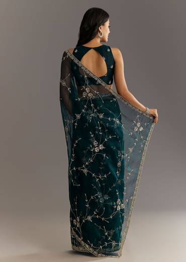 Navy Blue Floral Jaal Embroidered Tissue Saree With Cutdana And Sequins