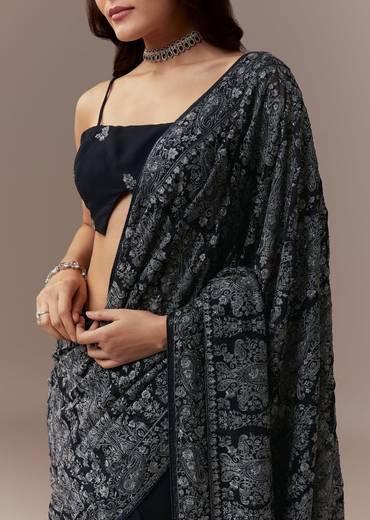 Navy Blue Georgette Saree With Resham Thread And Cutdana Embroidery