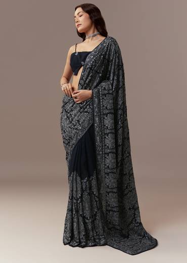 Navy Blue Georgette Saree With Resham Thread And Cutdana Embroidery