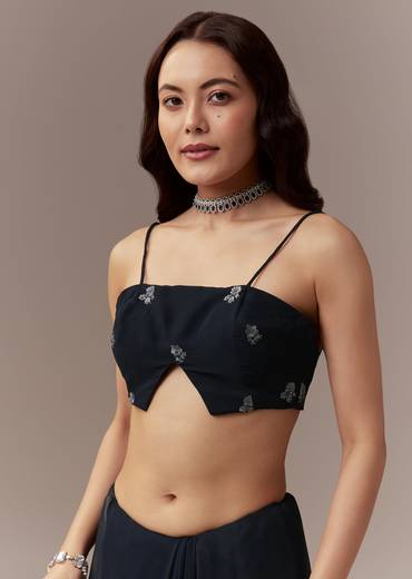 Navy Blue Georgette Saree With Resham Thread And Cutdana Embroidery