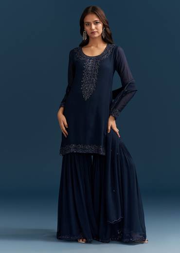 Navy Blue Georgette Sharara Suit With Embroidered Kurta And Dupatta