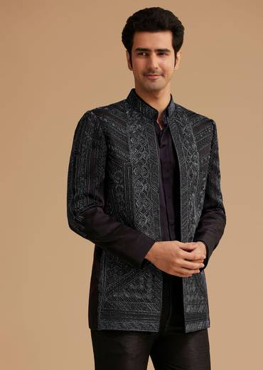 Navy Blue Hand Embroidered Jodhpuri Suit With Cut Dana Work