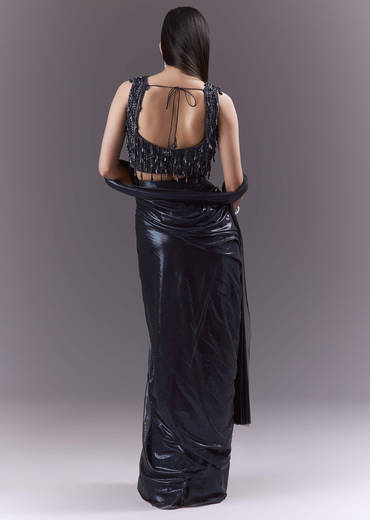 Navy Blue Imported Fabric Ready Pleated Saree With Heavy Embroidery