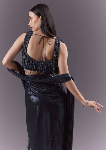 Navy Blue Imported Fabric Ready Pleated Saree With Heavy Embroidery