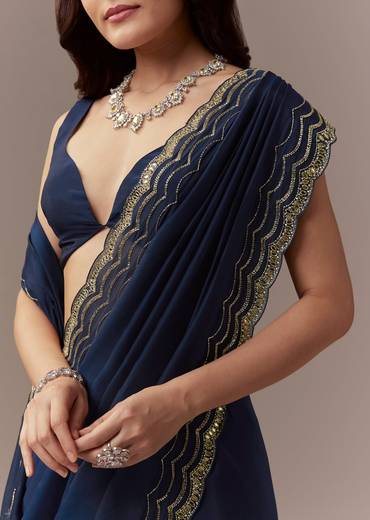 Navy Blue Kora Silk Saree With Cutdana Stones And Mirror Embroidery
