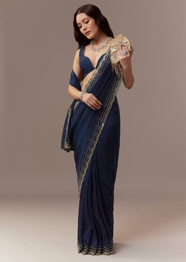 Navy Blue Kora Silk Saree With Cutdana Stones And Mirror Embroidery