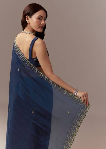 Navy Blue Kora Silk Saree With Cutdana Stones And Mirror Embroidery