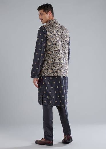 Navy Blue Kurta Jacket Set With Thread And Sequin Embroidery