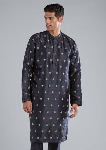 Navy Blue Kurta Jacket Set With Thread And Sequin Embroidery