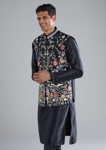 Navy Blue Kurta Jacket Set With Thread Resham Work