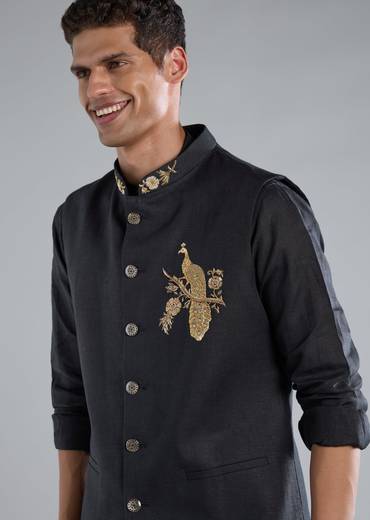 Navy Blue Kurta Jacket Set With Zardosi Hand Work