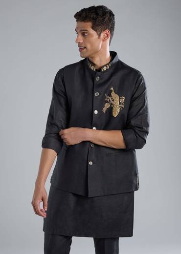 Navy Blue Kurta Jacket Set With Zardosi Hand Work