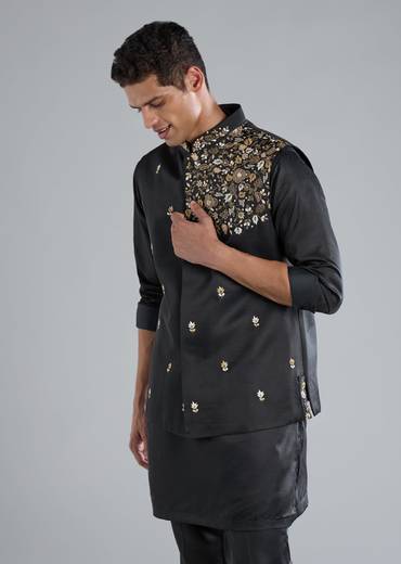 Navy Blue Kurta Jacket Set With Zardosi Resham And Cut Dana Detailing