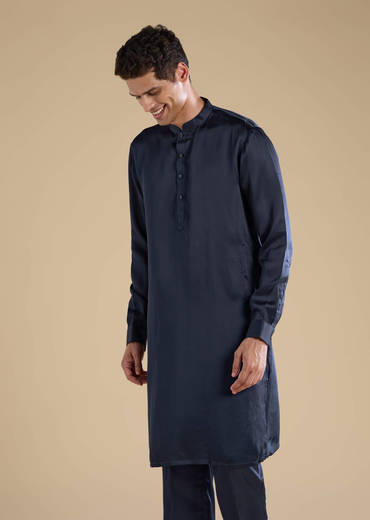 Navy Blue Linen Jacket Kurta Set with Patch Work
