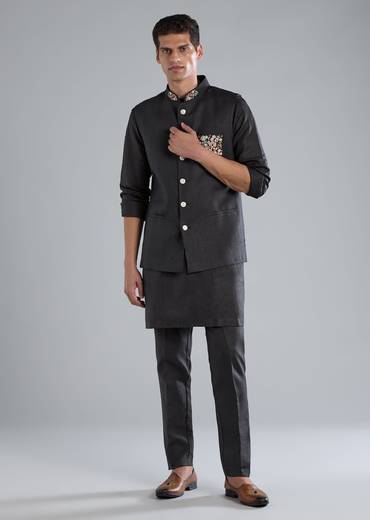 Navy Blue Linen Kurta Jacket Set With Thread Resham Work