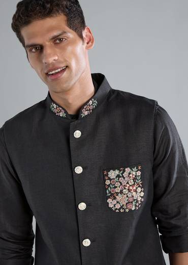 Navy Blue Linen Kurta Jacket Set With Thread Resham Work