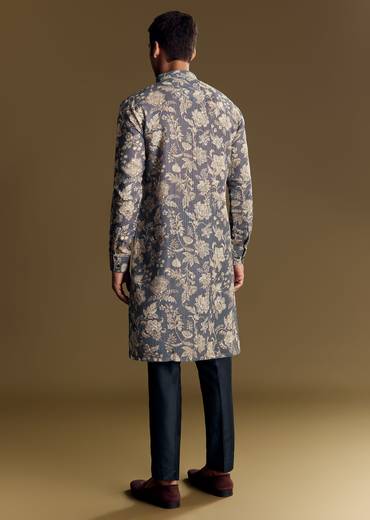 Navy Blue Linen Kurta Set Embellished With Intricate Kantha Stitching