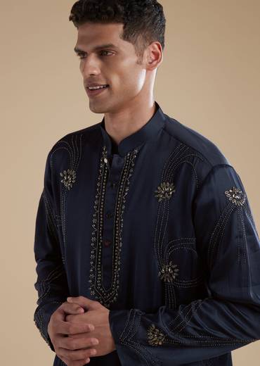 Navy Blue Linen Satin Mens Kurta Set with Metal Beads Detail Work