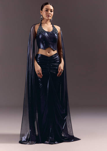 Navy Blue Lycra Sequin Saree With Halter Neck Blouse