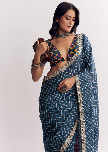 Navy Blue Muslin Ajrakh Printed Saree With Gota And Mirror Work