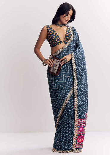 Navy Blue Muslin Ajrakh Printed Saree With Gota And Mirror Work