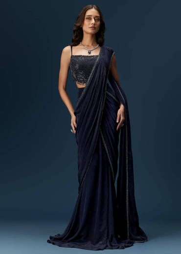 Navy Blue Pre Draped Saree With Embroidered Blouse
