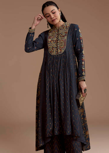 Navy Blue Printed Cotton Kurta and Palazzo Set