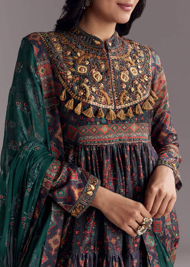 Navy Blue Printed Silk Anarkali With Dupatta
