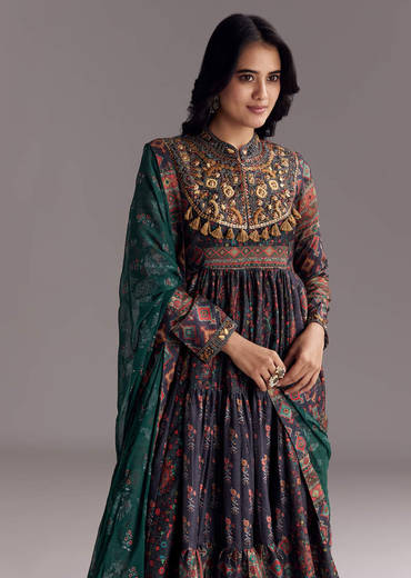 Navy Blue Printed Silk Anarkali With Dupatta