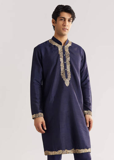 Navy Blue Rawsilk Jacket Kurta Set With Floral Beaded And Threadwork