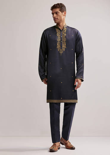 Navy Blue Satin Blend Kurta Set For Men With Zardosi Work