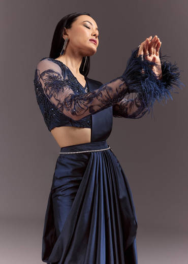 Navy Blue Satin Pleated Saree With Full Sleeve V Neck Blouse