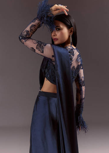 Navy Blue Satin Pleated Saree With Full Sleeve V Neck Blouse