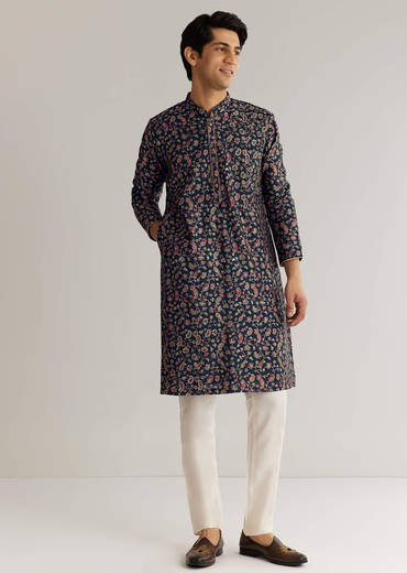 Navy Blue Silk Floral Printed Kurta Set With Cutdana Work