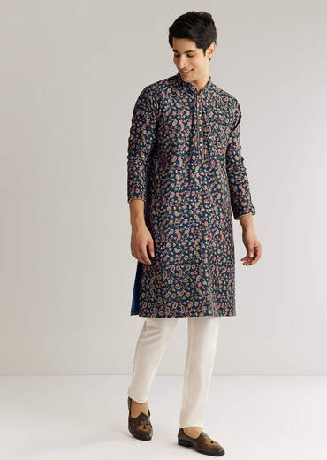Navy Blue Silk Floral Printed Kurta Set With Cutdana Work