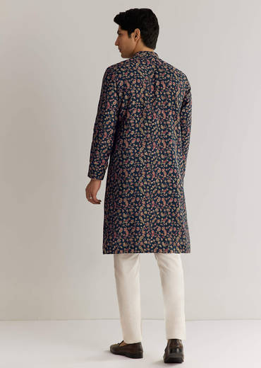 Navy Blue Silk Floral Printed Kurta Set With Cutdana Work