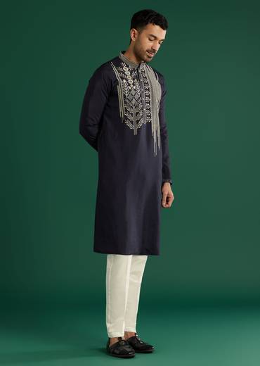 Navy Blue Silk Kurta Set For Men With Gota Work
