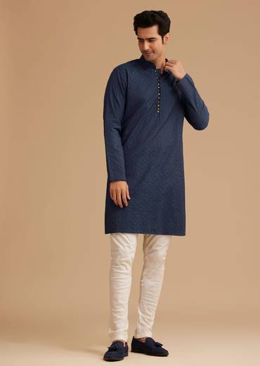 Navy Blue Silk Open Sherwani With Zardosi Embroidery
