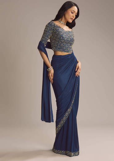 Navy Blue Lycra Ready Pleated Saree With Cutdana Work