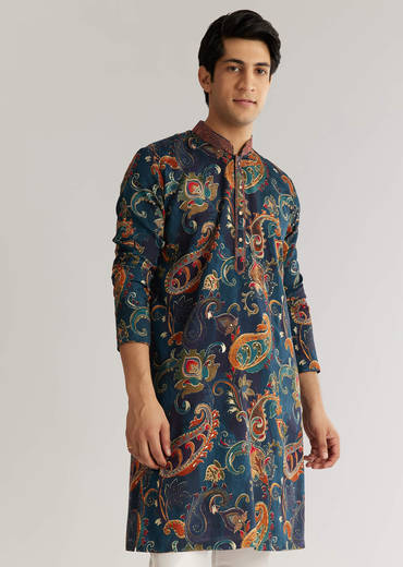 Navy Blue Silk Resham Embroidered Kurta Set With Paisley Prints