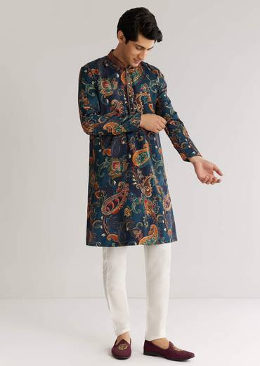 Navy Blue Silk Resham Embroidered Kurta Set With Paisley Prints